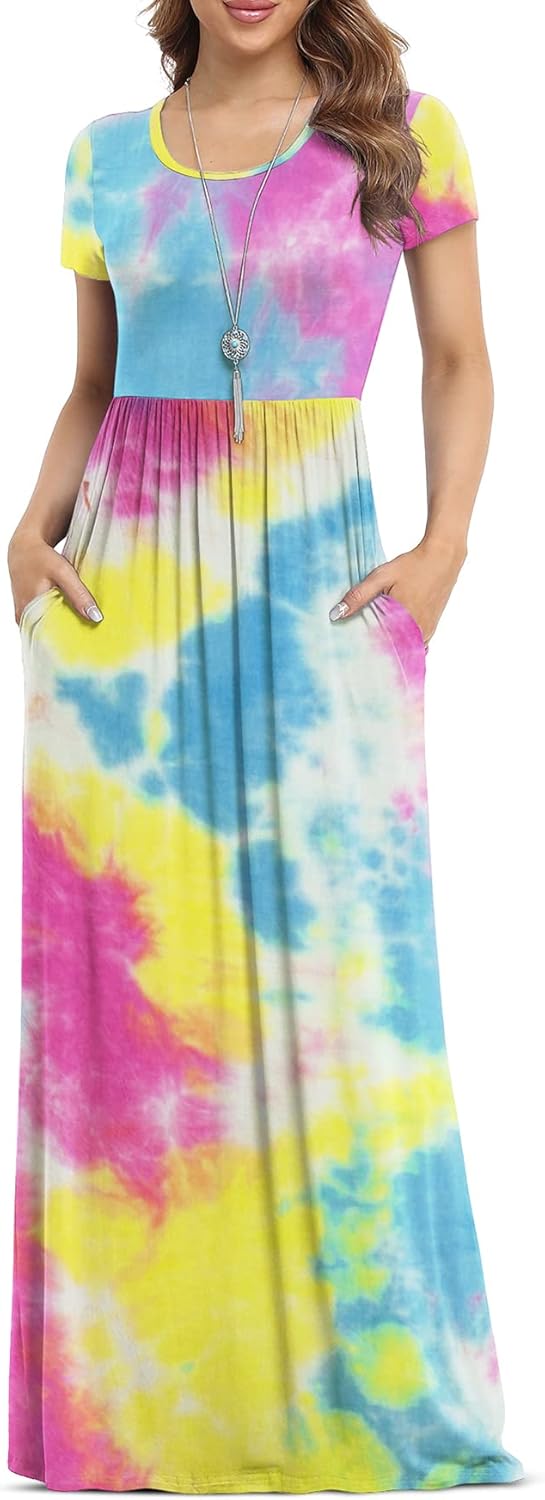 VIISHOW Women's Short Sleeve Loose Plain Maxi Dresses Casual Long Dresses with Pockets