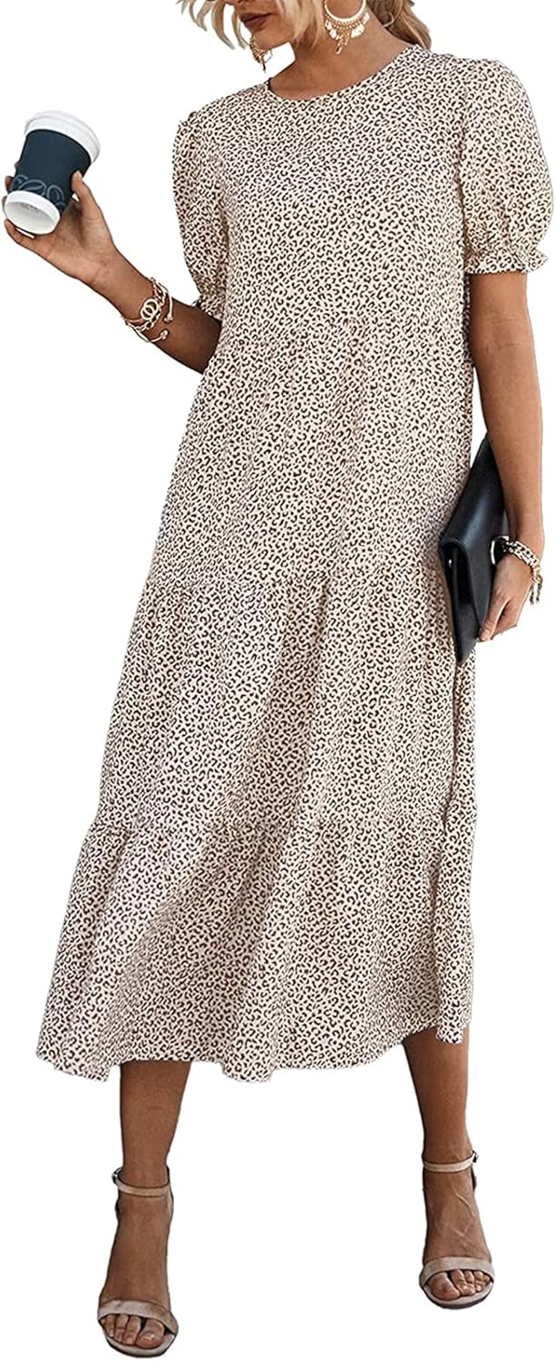 PRETTYGARDEN Summer Dresses for Women 2025 Casual Floral Boho Midi Sun Dress Puff Short Sleeve Flowy Beach Vacation Sundress