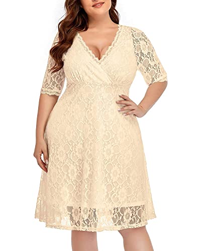 Women's Plus Size Wedding Guest Cocktail Party Semi Formal Lace Wrap V Neck Knee Length Dress