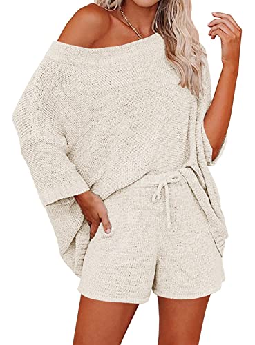 Ermonn Womens 2 Piece Outfits Sweater Sets Off Shoulder Knit Tops Waist Short Suits Casual Pajama Set