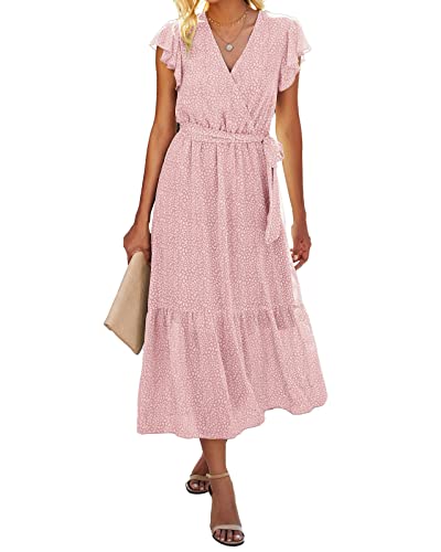 BTFBM Women Summer Bohemian Floral Casual Wrap V Neck Ruffle Cap Sleeveless Belt A-Line Pleated Hem Midi Sun Dress White