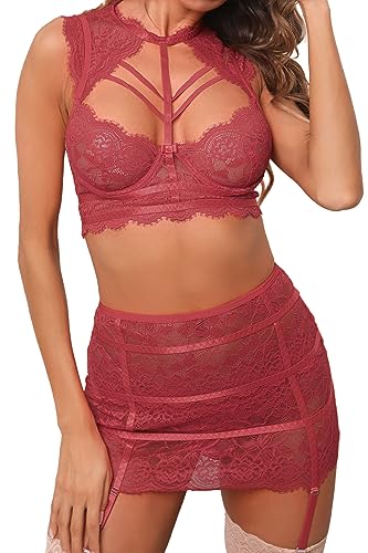 Ladies & Men's story Women Underwire 3 Piece Sexy Lingerie Collared Stretch Bustier & Garter Skirt Strappy Lace Bra Panty Set