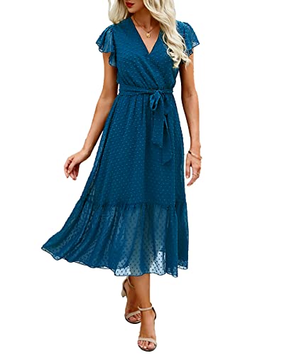 BTFBM Women Summer Bohemian Floral Casual Wrap V Neck Ruffle Cap Sleeveless Belt A-Line Pleated Hem Midi Sun Dress White
