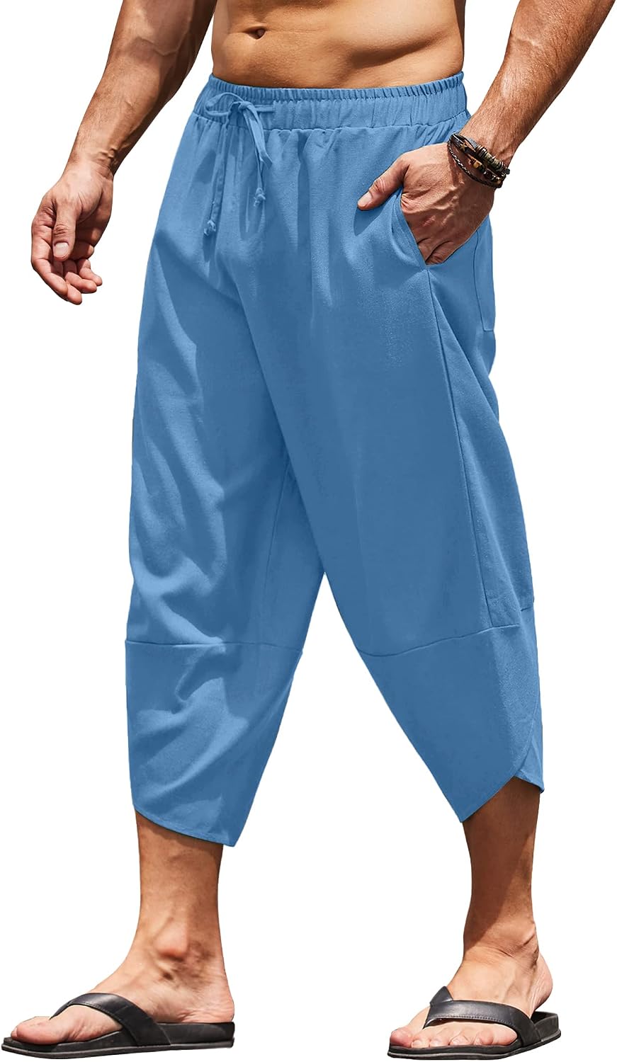 COOFANDY Men's Linen Harem Capri Pants Lightweight Loose 3/4 Shorts Drawstring Elastic Waist Casual Beach Boho Yoga Trousers