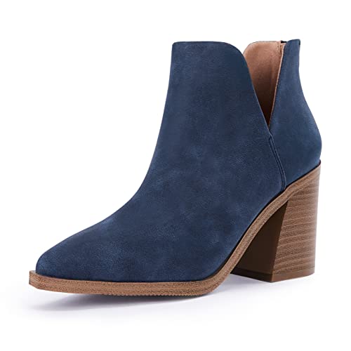 FISACE Womens Pointed Toe Stacked Mid Heel Ankle Boots V Cut Back Zipper Faux Leather Booties