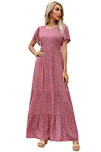 Kranda Women 2025 Summer Fall Crewneck Short Sleeve Smocked Floral Maxi Dress