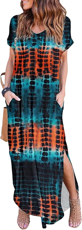 HUSKARY Women's Summer Maxi Dress Casual Loose Pockets Long Dress Short Sleeve Split