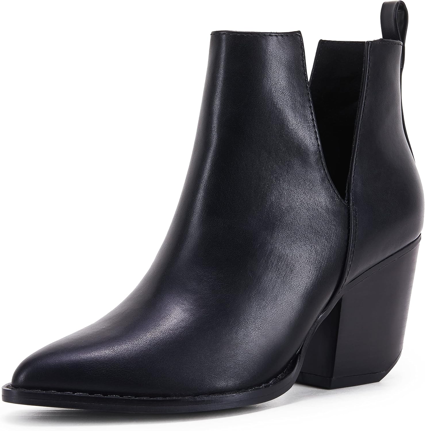 FISACE Womens Pointed Toe Stacked Mid Heel Ankle Boots V Cut Back Zipper Faux Leather Booties