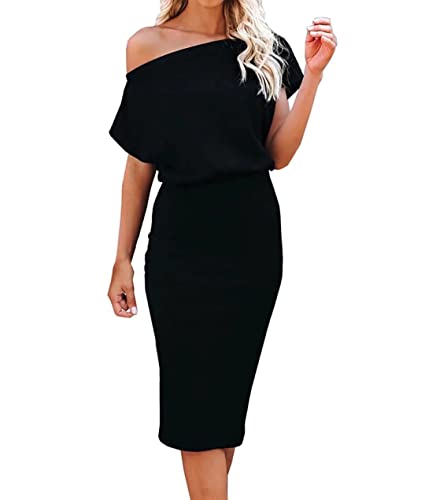 Ezbelle Women's 2025 Summer Dress Off The Shoulder Short Sleeve Ribbed Casual Party Bodycon Midi Dresses