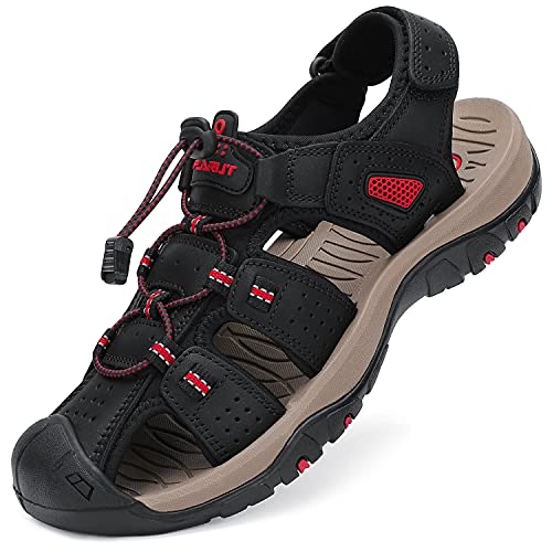 FLARUT Men's Sport Sandals Outdoor Hiking Sandals Closed Toe Leather Athletic Lightweight Trail Walking Casual Sandals Water Shoes