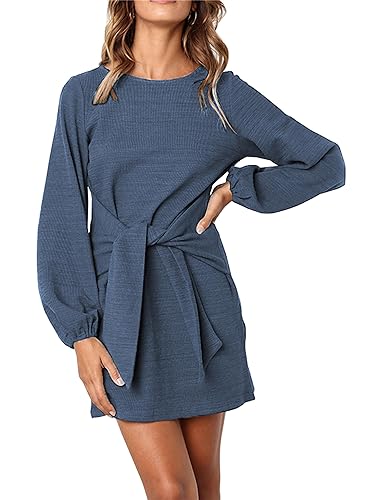 PRETTYGARDEN Lantern Sleeve Tie-Waist Dress