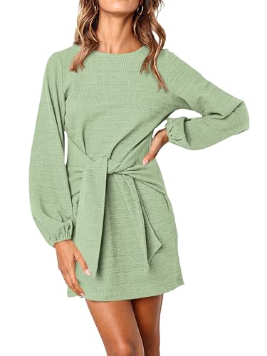 PRETTYGARDEN Womens Fall Elegant Long Lantern Sleeve Short Dress Wedding Guest Crewneck Tie Waist Knit Cocktail Dresses