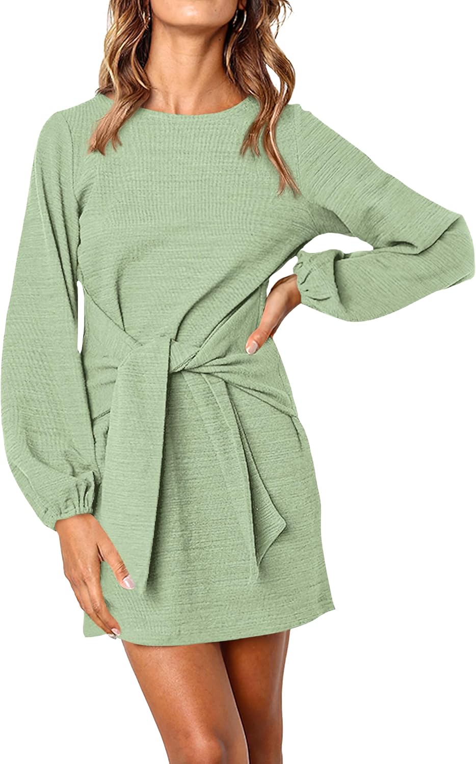 PRETTYGARDEN Womens Fall Elegant Long Lantern Sleeve Short Dress Wedding Guest Crewneck Tie Waist Knit Cocktail Dresses