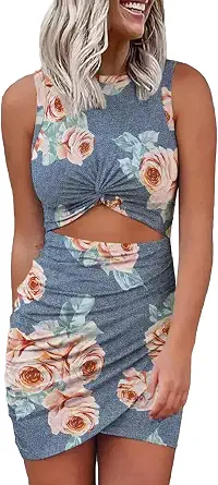 Acelitt Women's 2023 Summer Sleeveless Tank Dresses Cut Out Twist Bodycon Wrap Party Evening Mini Dress