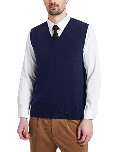 Kallspin Men's Wool Blended Vest Sweater Relaxed Fit V Neck Sleeveless Knitted Pullover