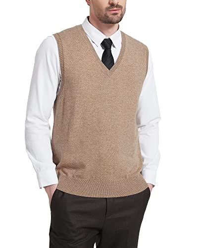 Kallspin Men's Wool Blended Vest Sweater Relaxed Fit V Neck Sleeveless Knitted Pullover