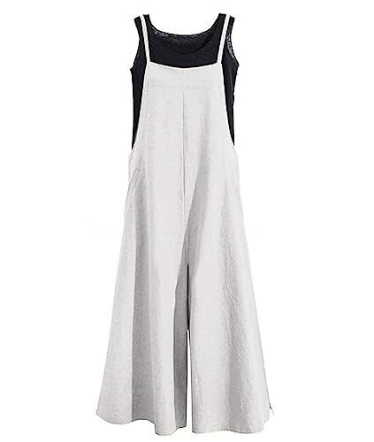 YESNO Women Casual Loose Long Bib Pants Wide Leg Jumpsuits Baggy Cotton Rompers Overalls with Pockets PZZTYP2
