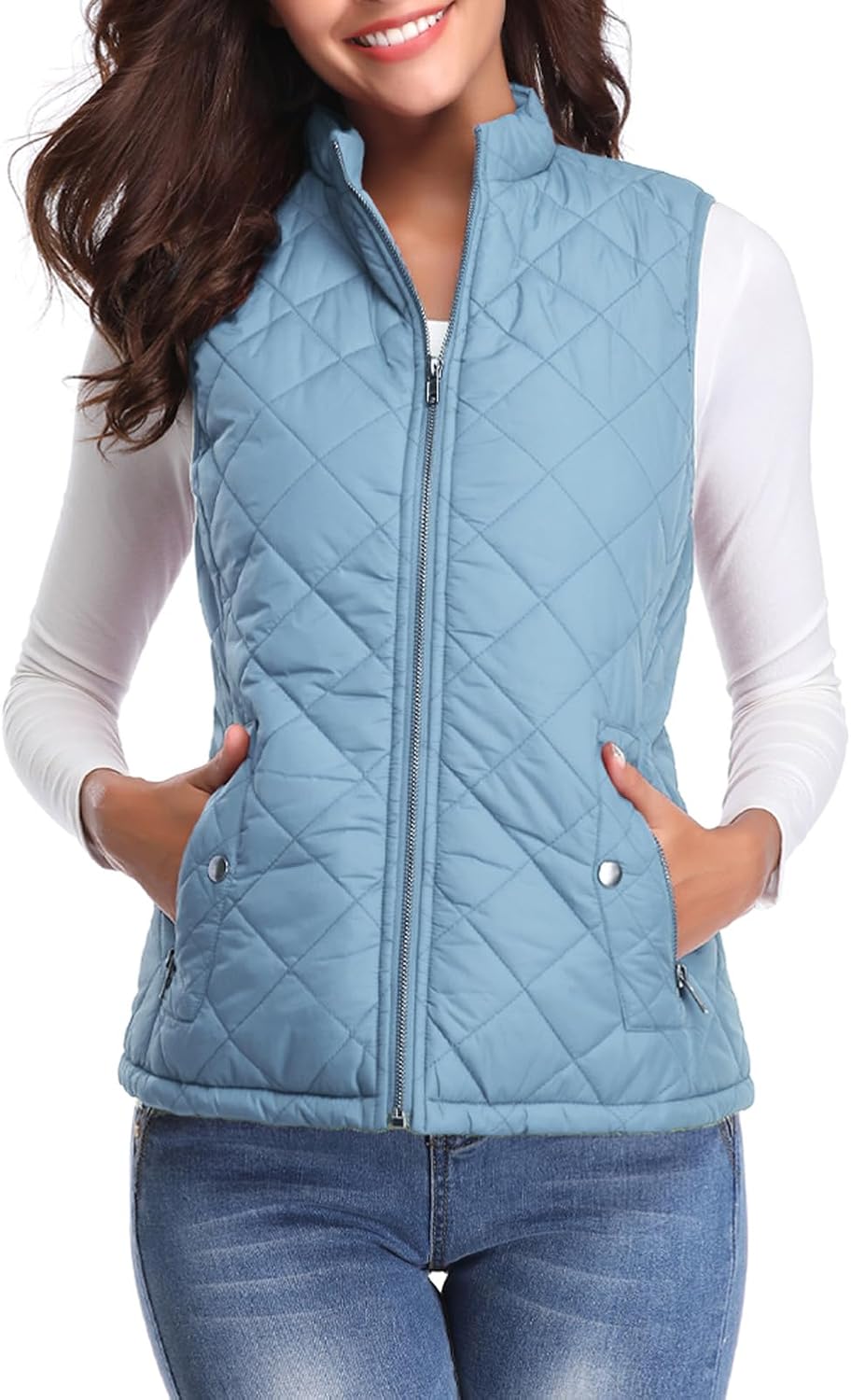 Fuinloth Women's Quilted Vest, Stand Collar Lightweight Zip Padded Gilet