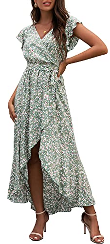 GRECERELLE 2025 Women's Spring Summer Boho Floral Print V-Neck Faux Wrap Maxi Dress for Wedding Guest, Graduation, Party