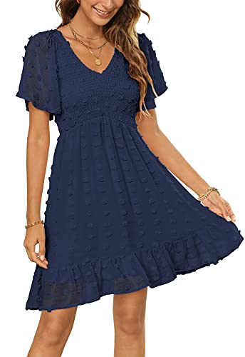 Zattcas Womens 2025 Summer Smocked Dress Short Flutter Sleeve V Neck Swiss Dot Babydoll Ruffle Tiered Mini Dress