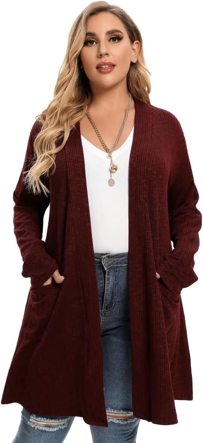 LARACE Open Front Knit Cardigan Sweaters for Women Plus Size Long Sleeve Tops with Pockets Lightweight for Winter
