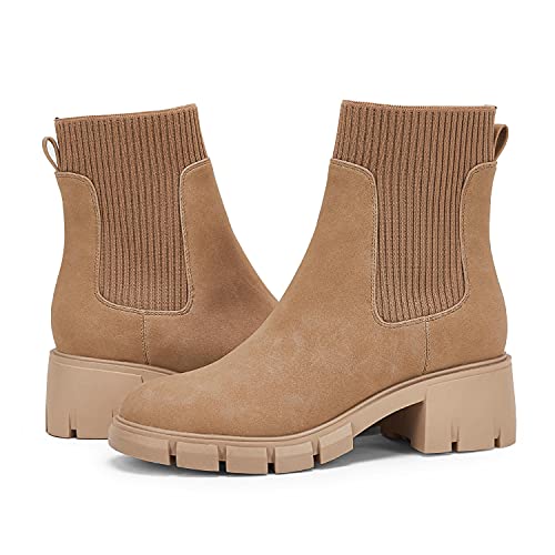 Ruanyu Womens Platform Ankle Boots Elastic Chunky Block Heel Chelsea Booties Lug Sole Non-Slip Combat Shoes
