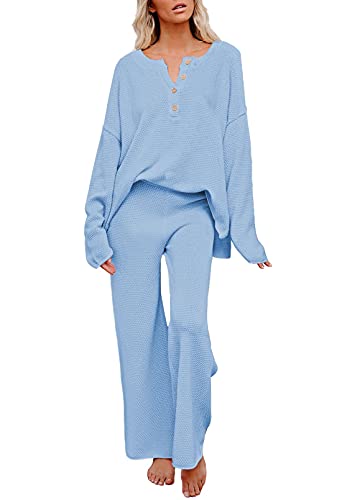 Pink Queen Women's 2 Piece Fall Outfit Lounge Set Long Sleeve Button Pullover Sweater Matching Wide Leg Pants Knit Sweatsuit