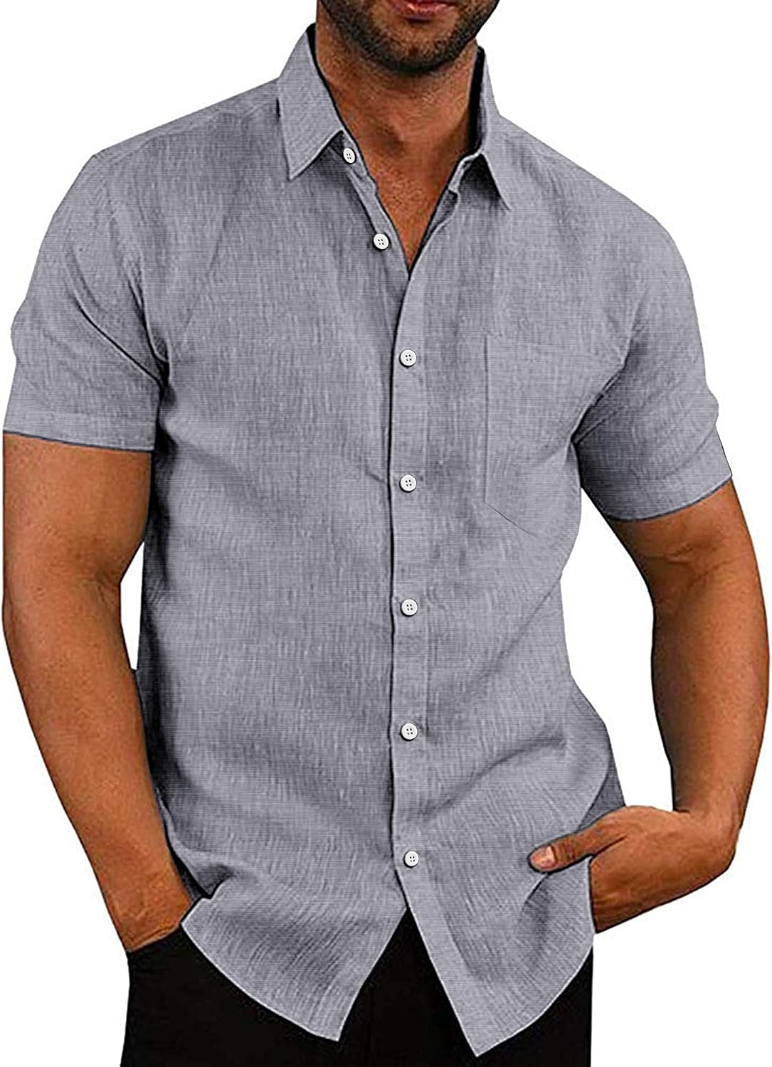 COOFANDY Men's Casual Button Down Shirts Short Sleeve Linen Shirts Summer Beach Dress Shirt