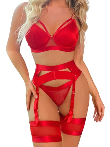 Garter Lingerie for Women,Sexy Lace Lingerie,Sheer Matching 4 Piece Lingerie Set