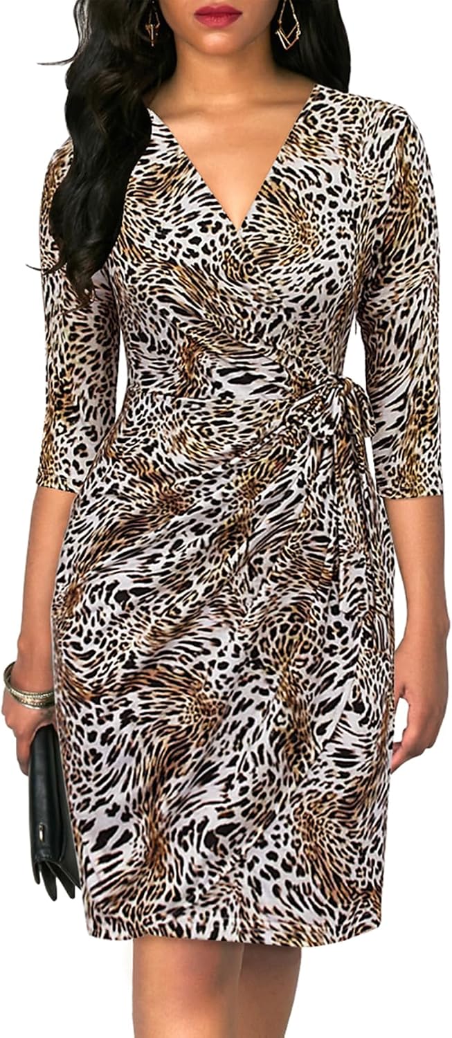 Berydress Women's Classic 3/4 Sleeve V Neck Sheath Casual Party Work Faux Black Wrap Dress