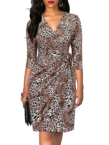 Berydress Women's Classic 3/4 Sleeve V Neck Sheath Casual Party Work Faux Black Wrap Dress