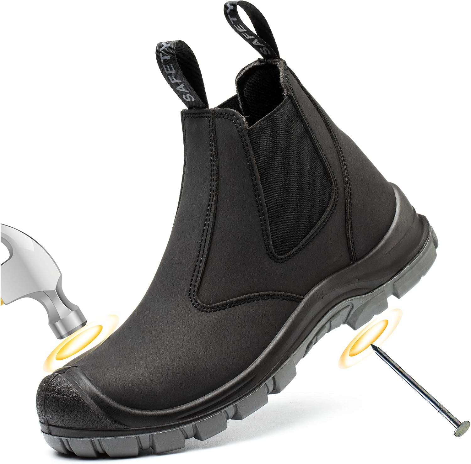 Steel Toe Work Boots for Men Slip-on Chelsea Boot, Men's Industrial & Construction Shoes, Waterproof, Lightweight, Comfortable, Non-slip Safety Shoes, Black, 10.5