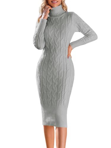 Fangetey Womens Long Sleeve Turtleneck Sweater Dresses Knitted Bodycon Midi Sheath Jumper Dresses
