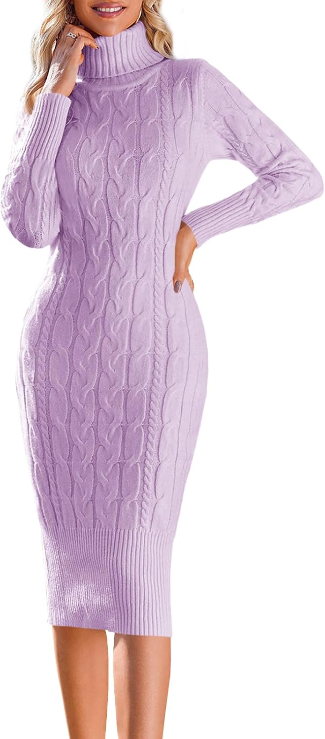 Fangetey Womens Long Sleeve Turtleneck Sweater Dresses Knitted Bodycon Midi Sheath Jumper Dresses