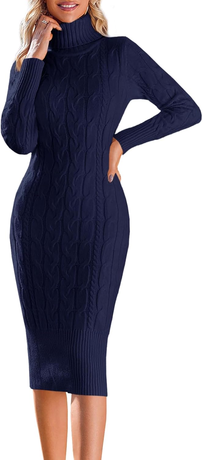 Fangetey Womens Long Sleeve Turtleneck Sweater Dresses Knitted Bodycon Midi Sheath Jumper Dresses