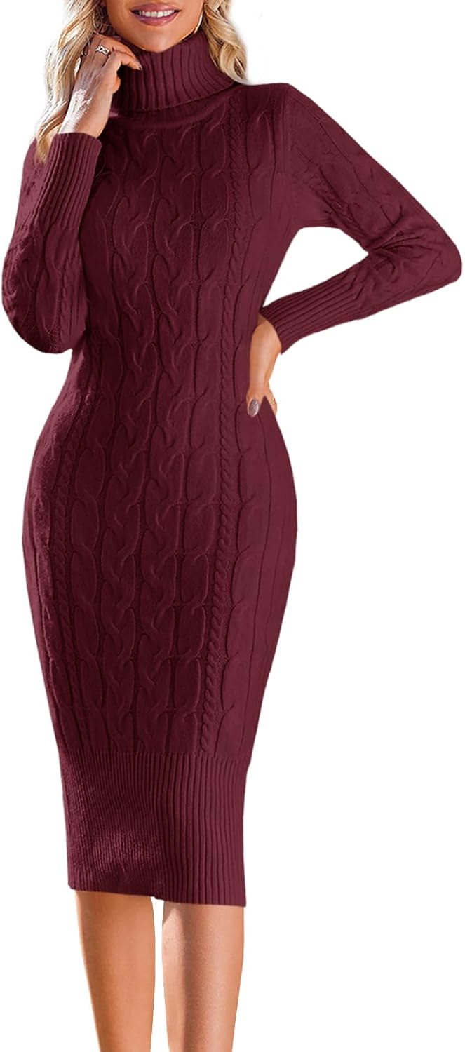 Fangetey Ribbed Midi Turtleneck Dress
