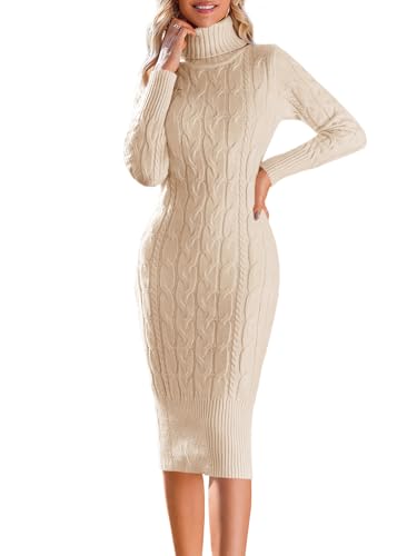Fangetey Womens Long Sleeve Turtleneck Sweater Dresses Knitted Bodycon Midi Sheath Jumper Dresses