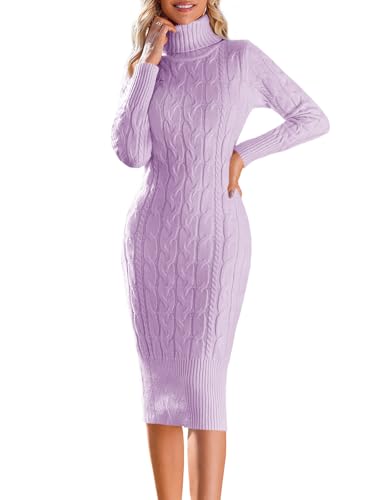 Fangetey Womens Long Sleeve Turtleneck Sweater Dresses Knitted Bodycon Midi Sheath Jumper Dresses