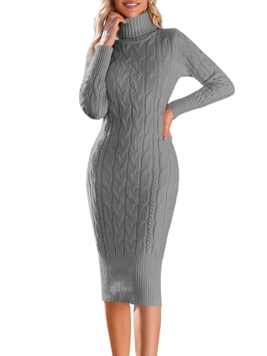 Fangetey Womens Long Sleeve Turtleneck Sweater Dresses Knitted Bodycon Midi Sheath Jumper Dresses