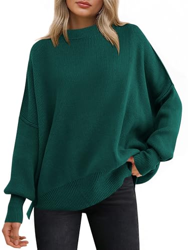 ANRABESS Women Crewneck Batwing Long Sleeve 2025 Fall Oversized Side Slit Ribbed Knit Pullover Sweaters Top Cozy Outfits