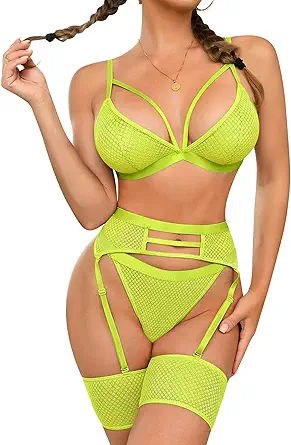 popiv Women's Fishnet Lingerie Sexy Set Lace Bra and Panty Sets with Garter Belt 4 Piece