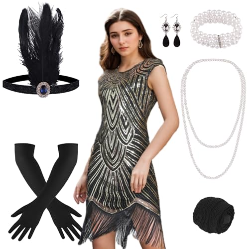 PLULON 1920s Sequin Fringed Flapper Dress