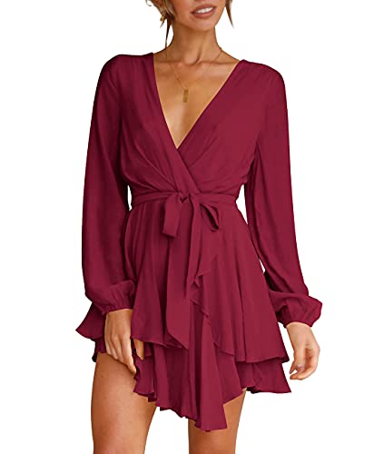 Cosonsen Women's Dress Deep V-Neck Long Sleeve Waist Tie Ruffle Mini Swing Skater Dresses