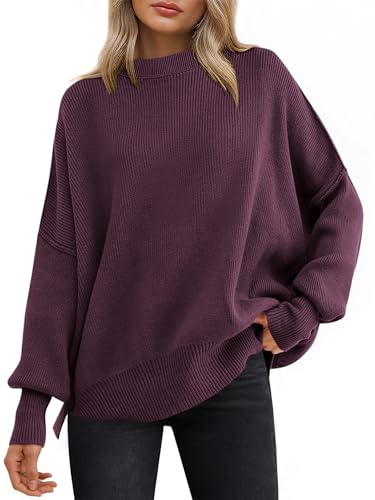 ANRABESS Women Crewneck Batwing Long Sleeve 2025 Fall Oversized Side Slit Ribbed Knit Pullover Sweaters Top Cozy Outfits