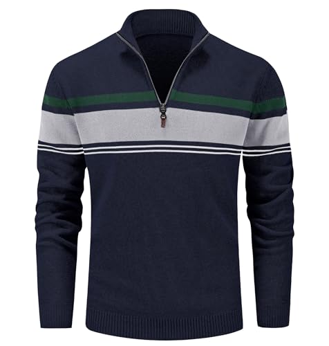 MAGCOMSEN Men's Sweaters 1/4 Zip Cotton Sweater Pullover Polo Sweaters Striped Fall Winter Warm Sweatshirts
