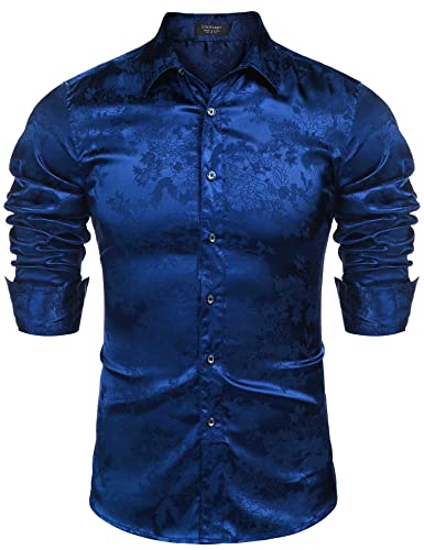 COOFANDY Men's Silk Satin Dress Shirts Jacquard Long Sleeve Floral Button Up Shirts Party Prom Wedding Shirt