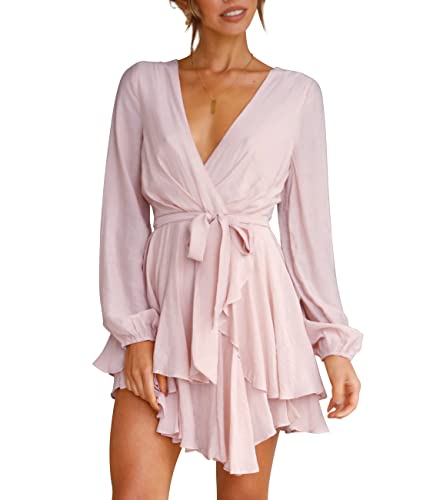 Cosonsen Deep V-Neck Long Sleeve Dress
