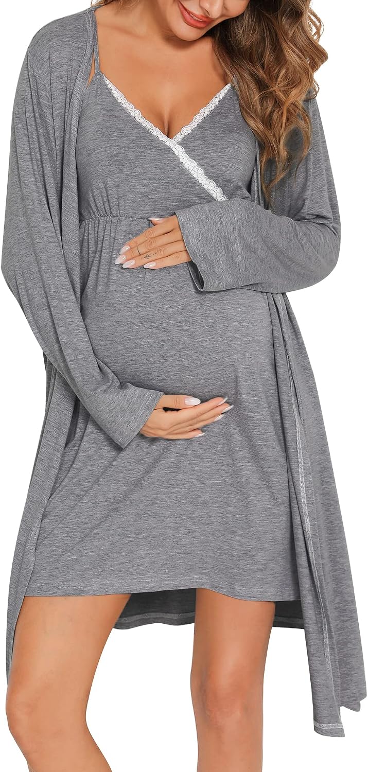 SWOMOG Womens Maternity Robe 2 Piece Nursing Nightgown for Breastfeeding 3 in 1 Labor Delivery Nursing Dress Lace Bathrobe (ASIN B09HTWNYX2)
