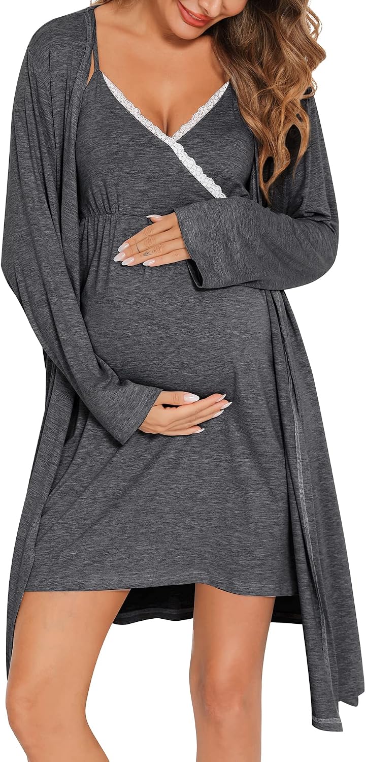 SWOMOG Womens Maternity Robe 2 Piece Nursing Nightgown for Breastfeeding 3 in 1 Labor Delivery Nursing Dress Lace Bathrobe