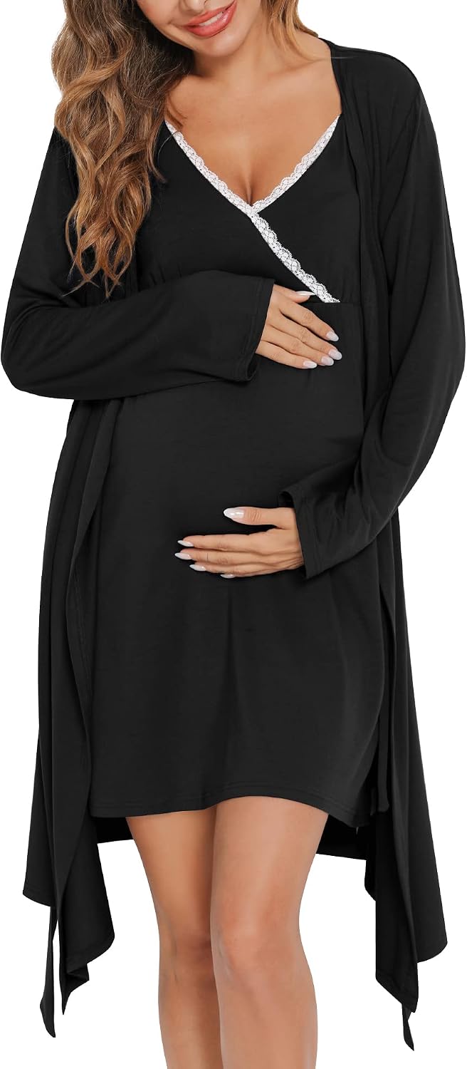 SWOMOG Womens Maternity Robe 2 Piece Nursing Nightgown for Breastfeeding 3 in 1 Labor Delivery Nursing Dress Lace Bathrobe